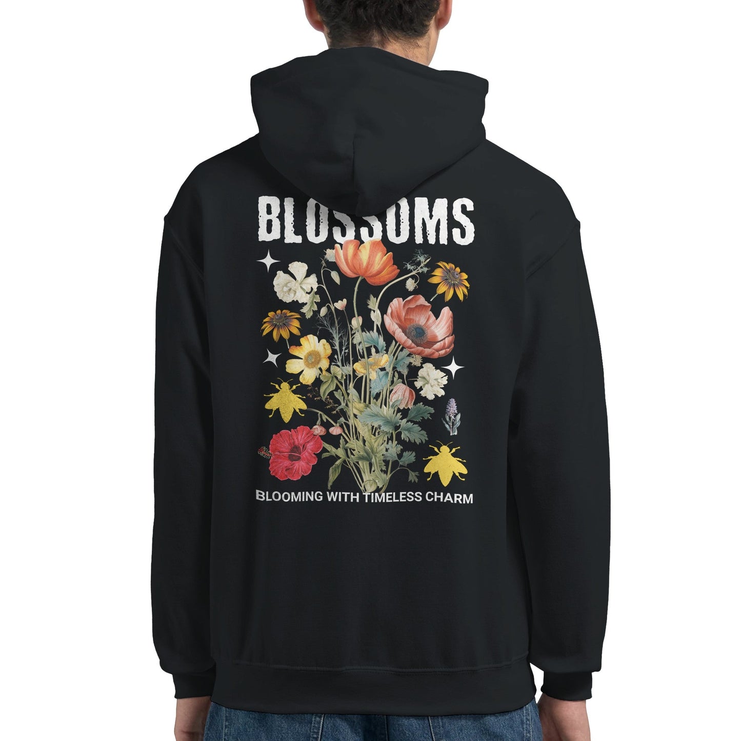blossom streatware unisex pullover hoodie mit blumenmotiv auf schwarzem stoff, weicher baumwoll-polyester-mischung und kängurutasche.