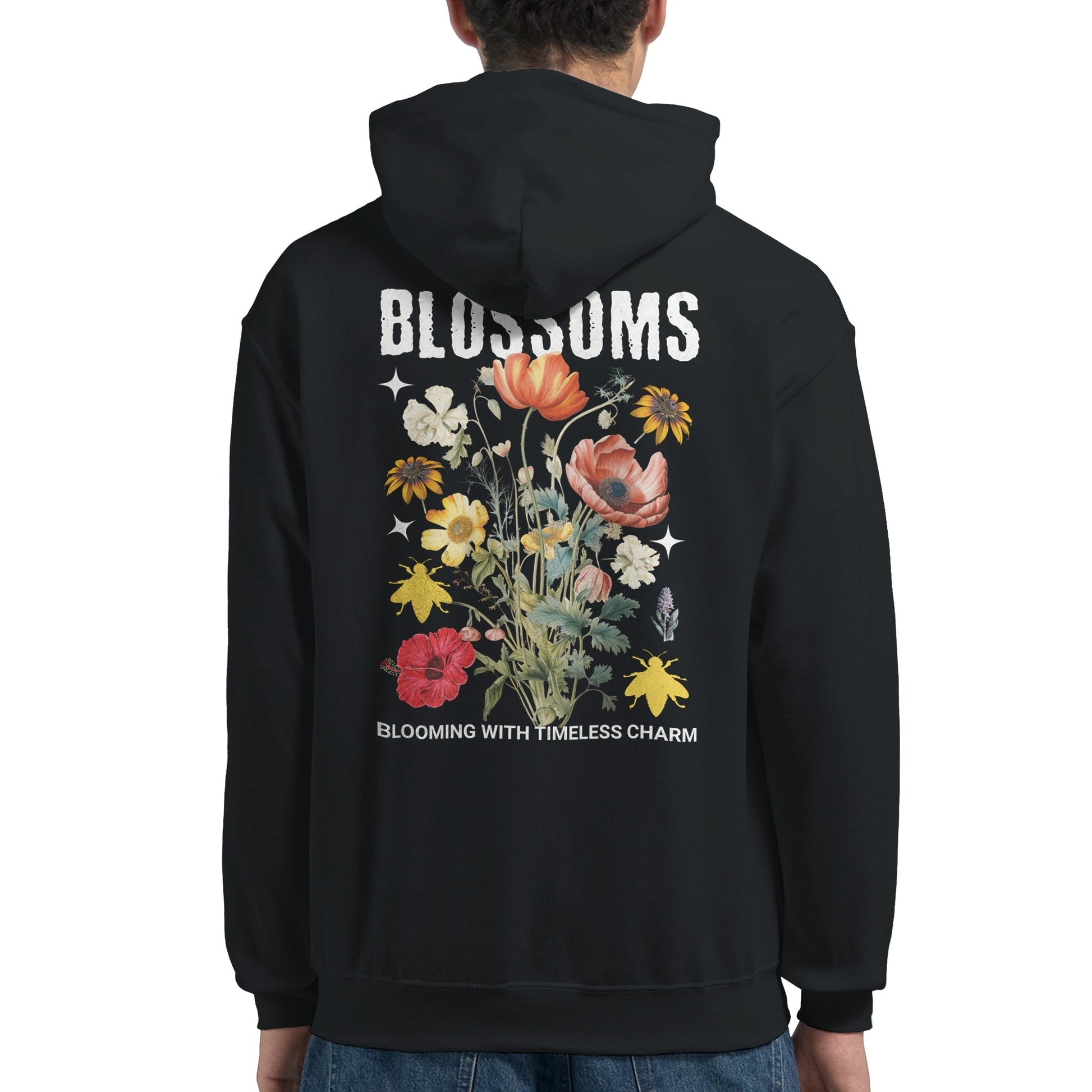 Blossom Streatware Unisex Pullover Hoodie mit Blumenmotiv auf schwarzem Stoff, weicher Baumwoll-Polyester-Mischung und Kängurutasche.