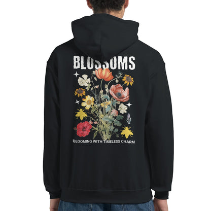 Blossom Streatware Unisex Pullover Hoodie mit Blumenmotiv auf schwarzem Stoff, weicher Baumwoll-Polyester-Mischung und Kängurutasche.