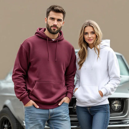 Man and woman wearing Eleanor Hoodie in burgundy and white, standing in front of a classic muscle car.
