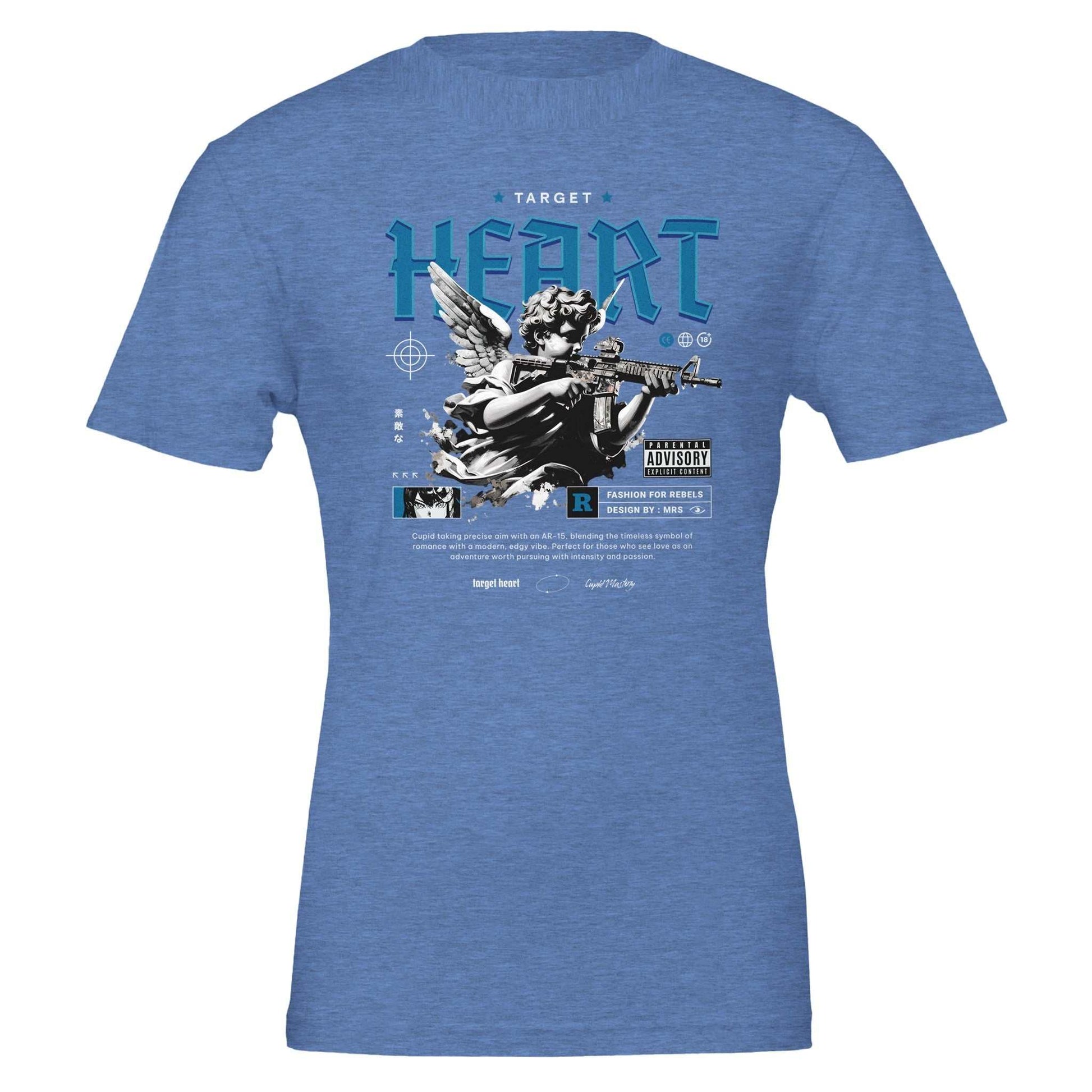 Blue Heart Unisex Crewneck T-shirt with graphic print of angel holding a rifle, made from soft 100% Airlume cotton, designed for durable DTG printing and unisex fit.