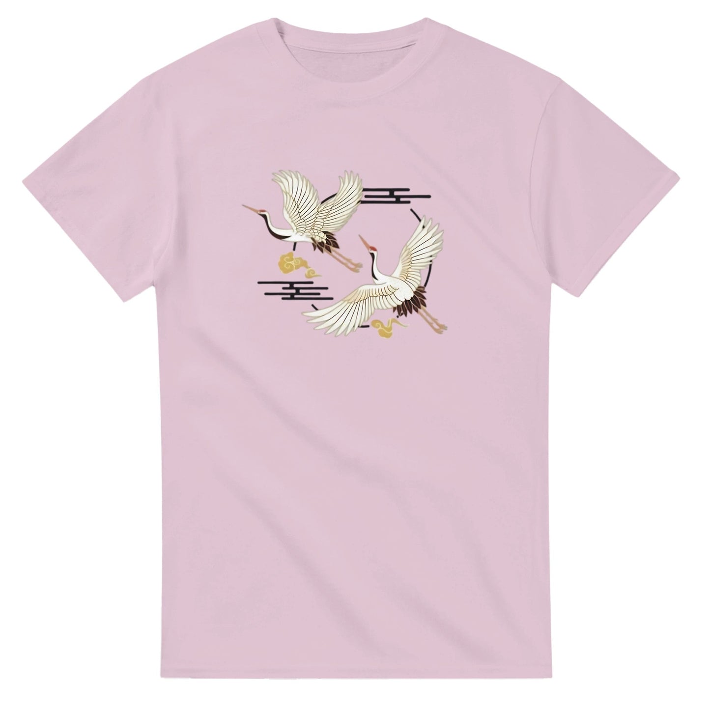 kranich unisex crewneck t-shirt in hellrosa mit elegantem kranich-motiv und robustem baumwollstoff