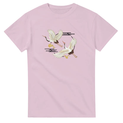 Kranich Unisex Crewneck T-shirt in light purple with crane graphic, heavyweight cotton, classic fit, durable double-needle hems, and taped neck for comfort and longevity.