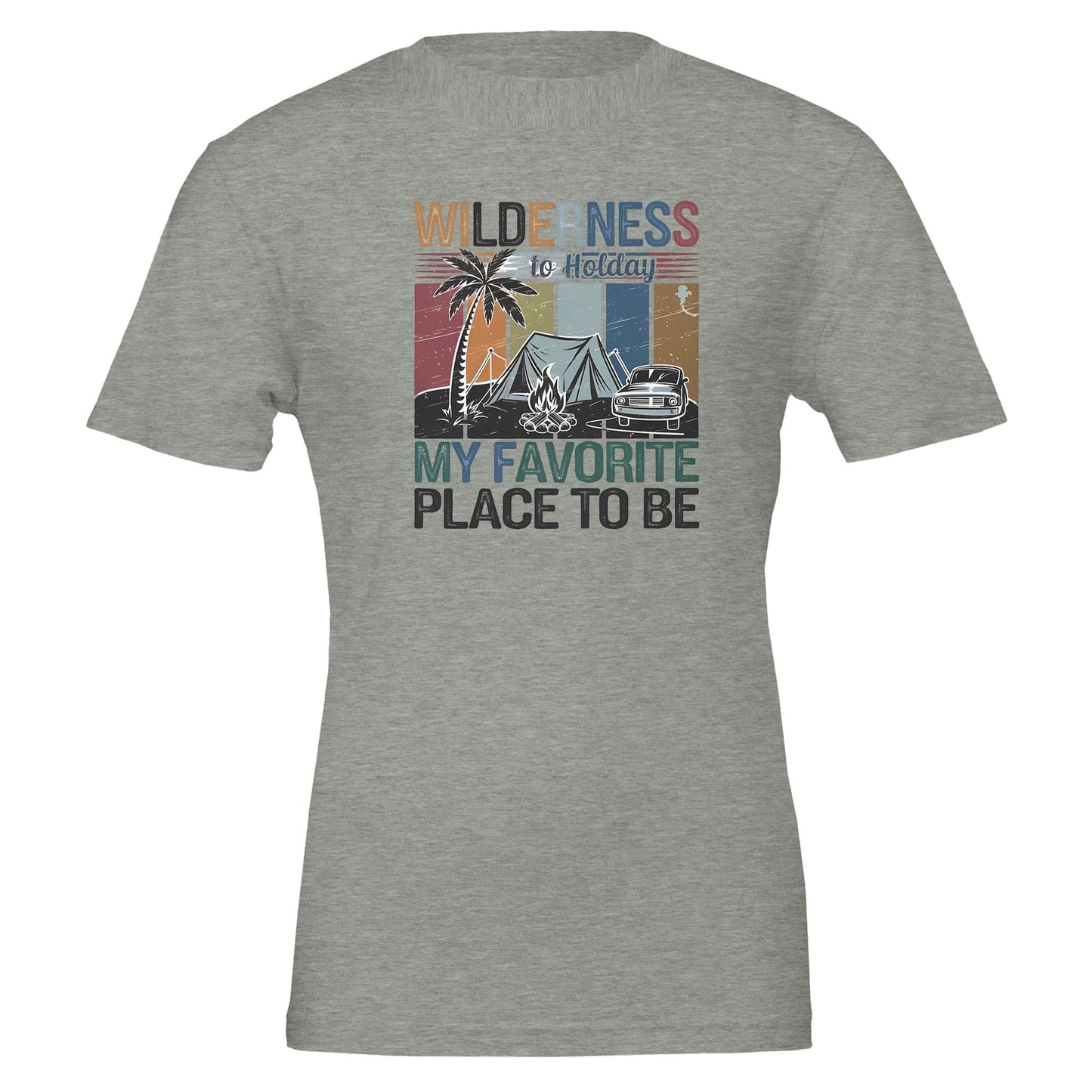 premium wilderness t-shirt aus weicher airlume-baumwolle mit unisex-passform und wildem camping-design.