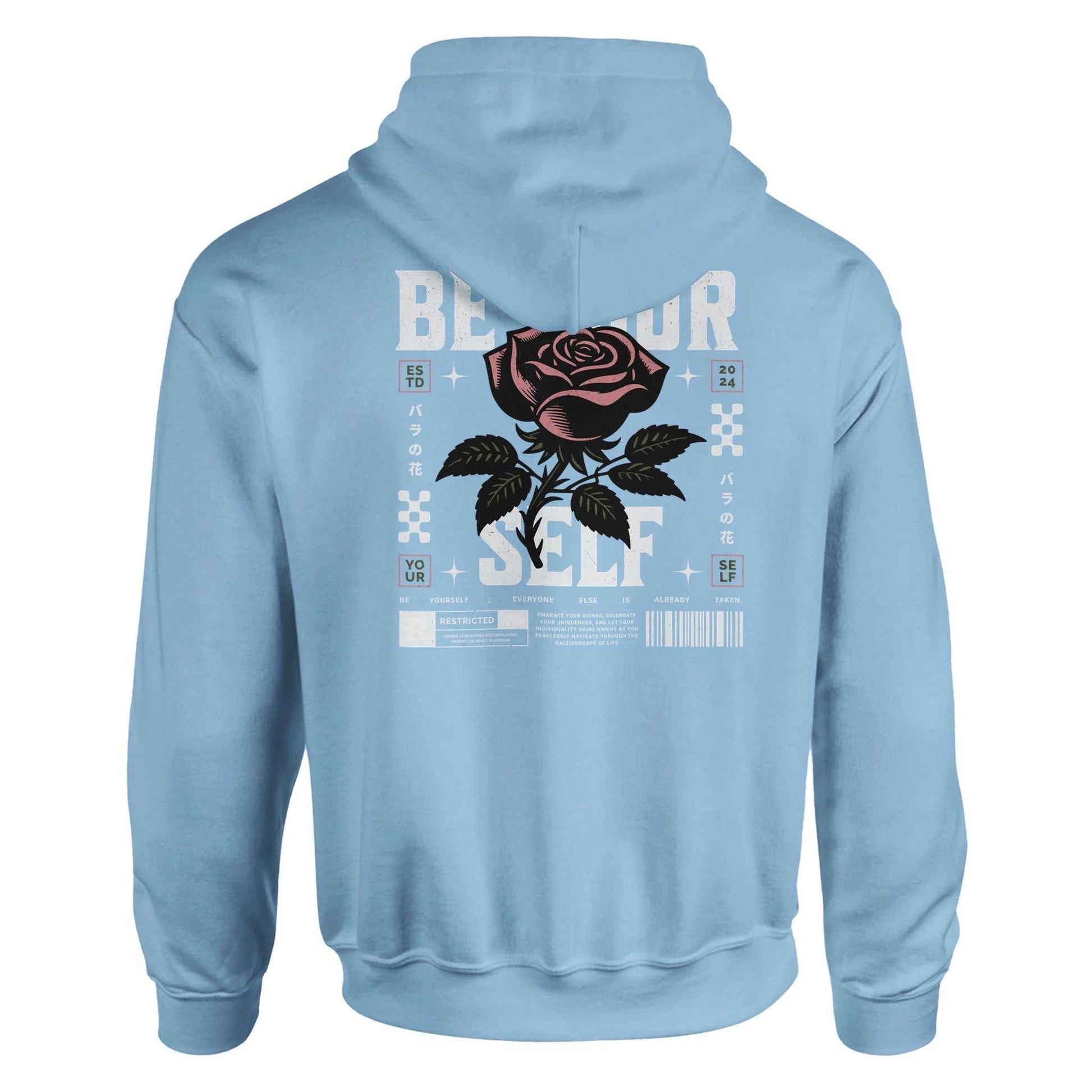 Light blue unisex hoodie with "Be Yourself" rose graphic on back, featuring double-lined hood and front pouch pocket