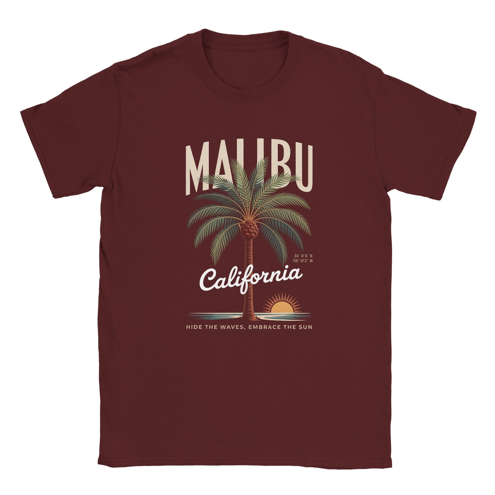 California Sunshine Sommer T-Shirt with Malibu palm tree design on soft seamless fabric in maroon color