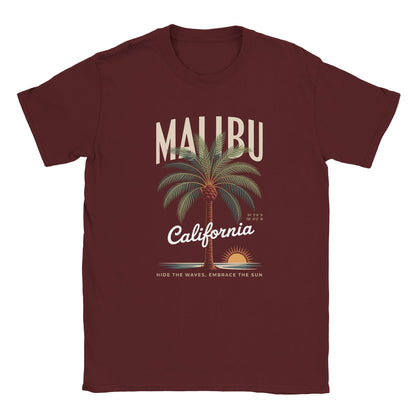 California Sunshine Sommer T-Shirt in Burgunderrot mit Malibu-Print, Palmenmotiv und gemütlichem, nahtlosem Design