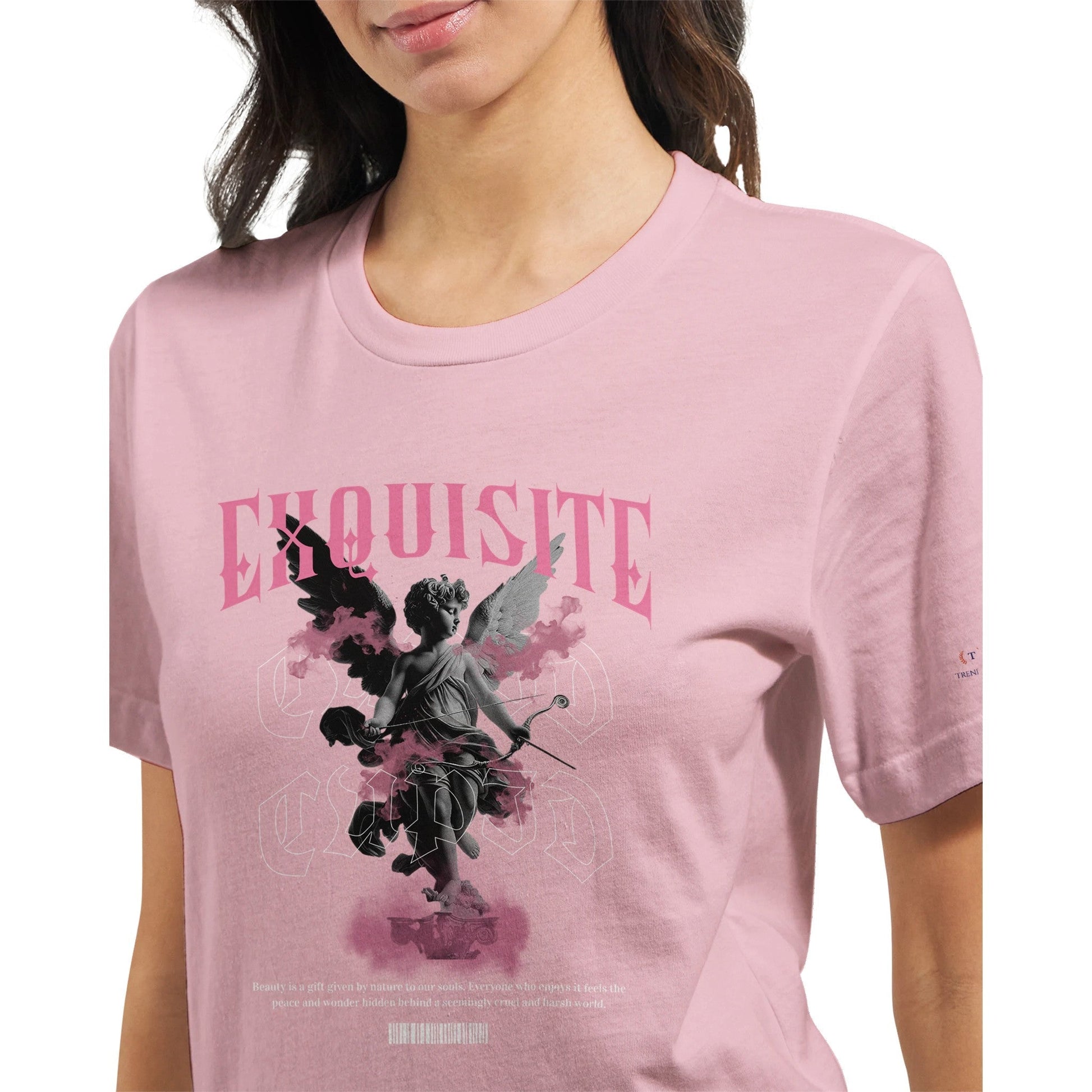 Unisex crewneck t-shirt in pink with exquisite angel graphic, soft 100% cotton, tailored fit for comfort and durability, ideal for vibrant DTG printing