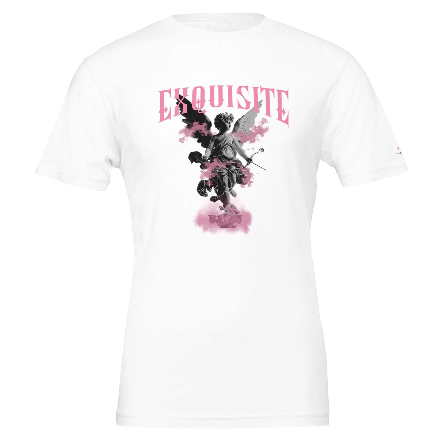 weißes unisex crewneck t-shirt mit künstlerischem engel-print und pinkem schriftzug „exquisite“