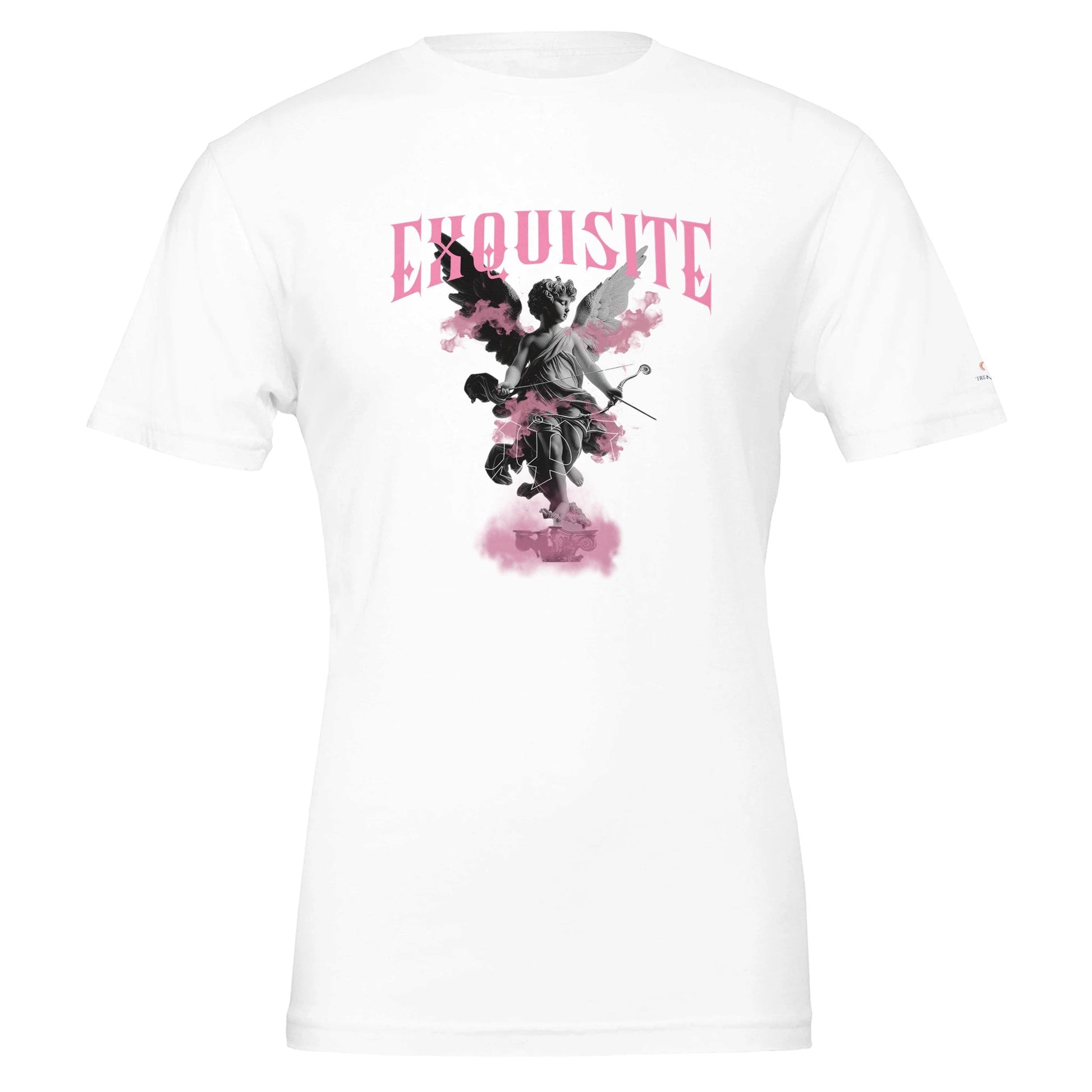 Weißes Unisex Crewneck T-Shirt mit künstlerischem Engel-Print und pinkem Schriftzug „EXQUISITE“