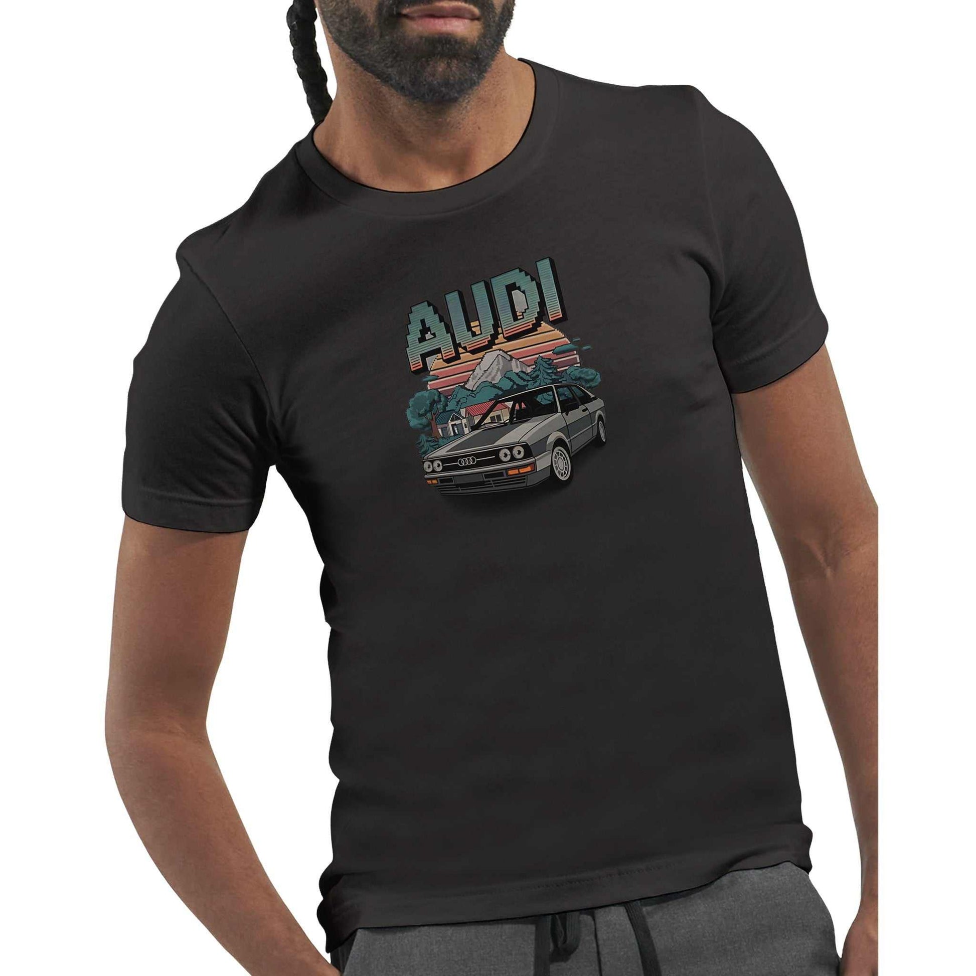 Black premium oldschool t-shirt with vintage Audi car and Minecraft style design on front worn by male model