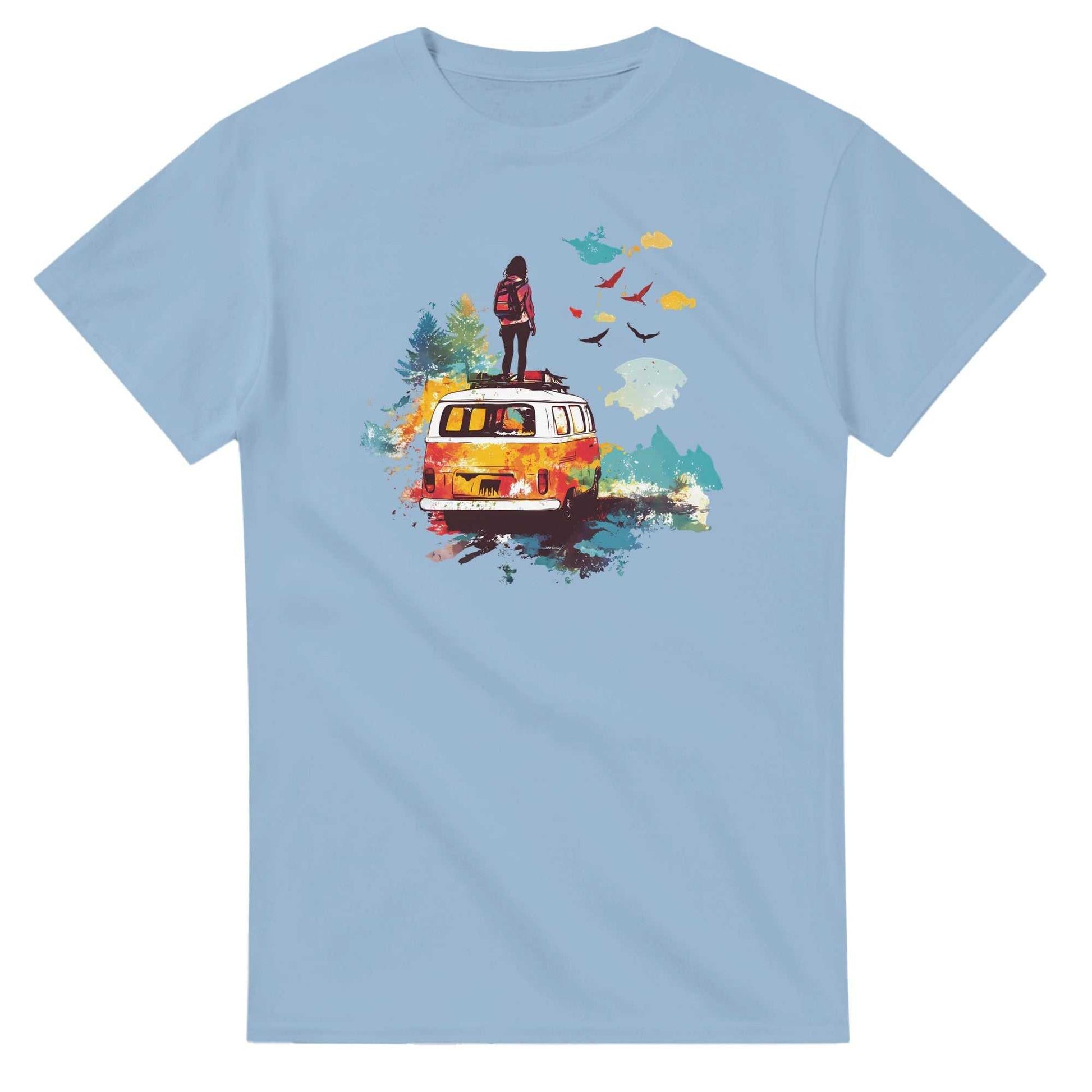 Light blue T-Shirt Sommer Camping Feeling with colorful camper van and nature design, premium cotton outdoor shirt for adventurers