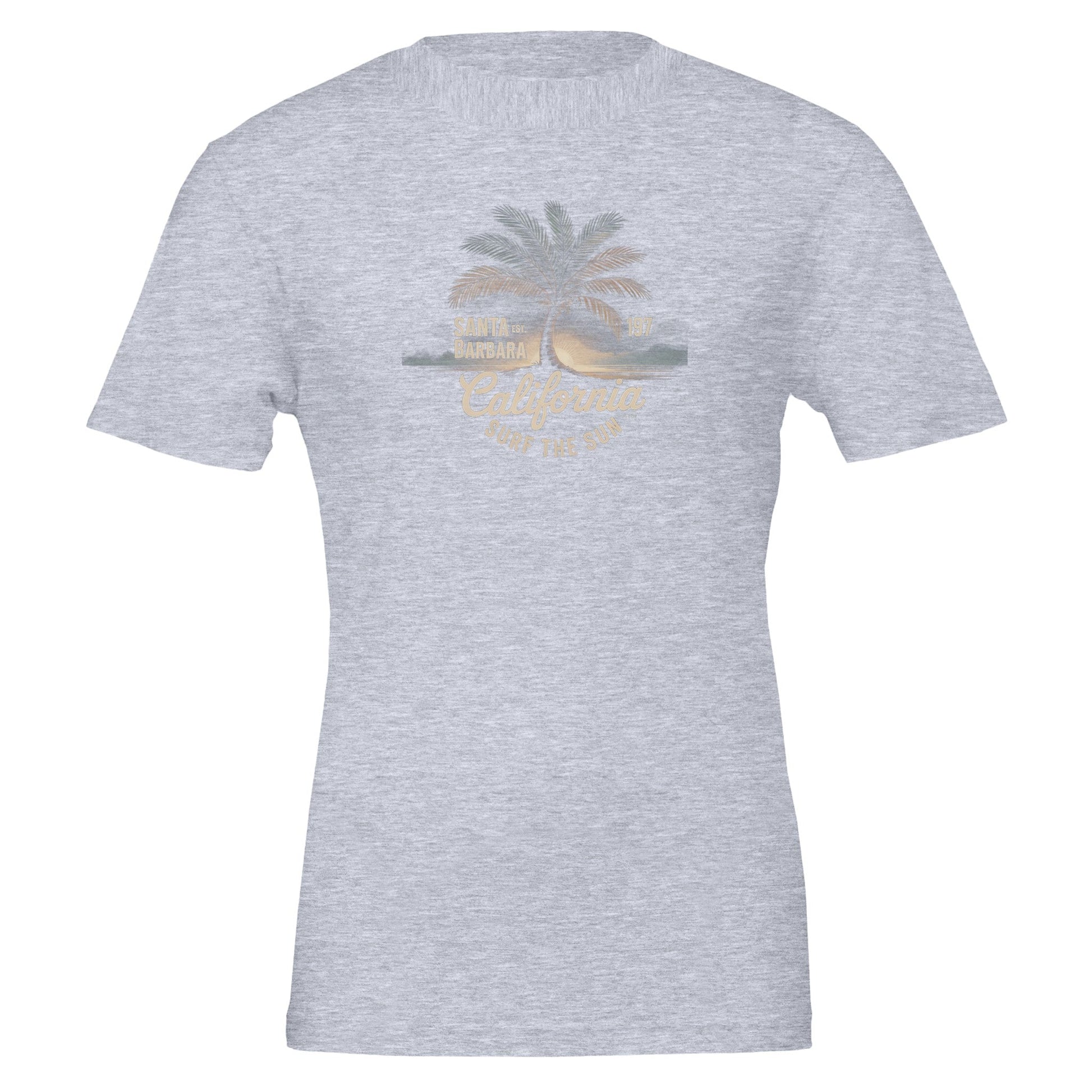 Surfer T-Shirt Sommer soft cotton eco-friendly unisex tee with palm tree graphic on light grey background