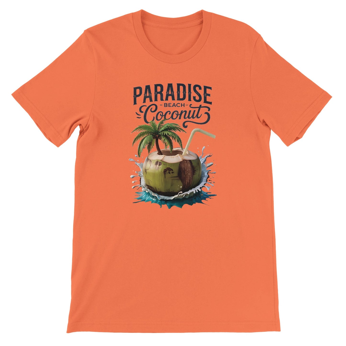 orangenes sommer t-shirt mit kokosnuss-strand-print und "paradise beach coconut" schriftzug
