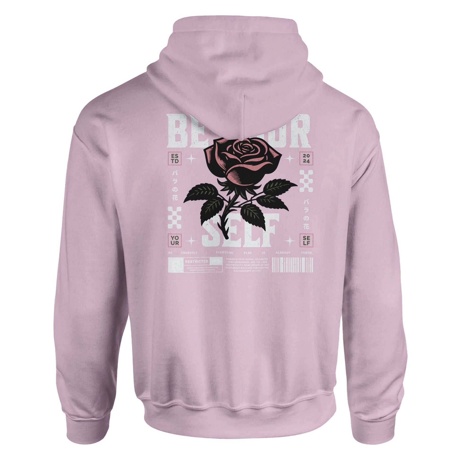 Light purple unisex hoodie with "Be Yourself" graphic and rose design on the back
