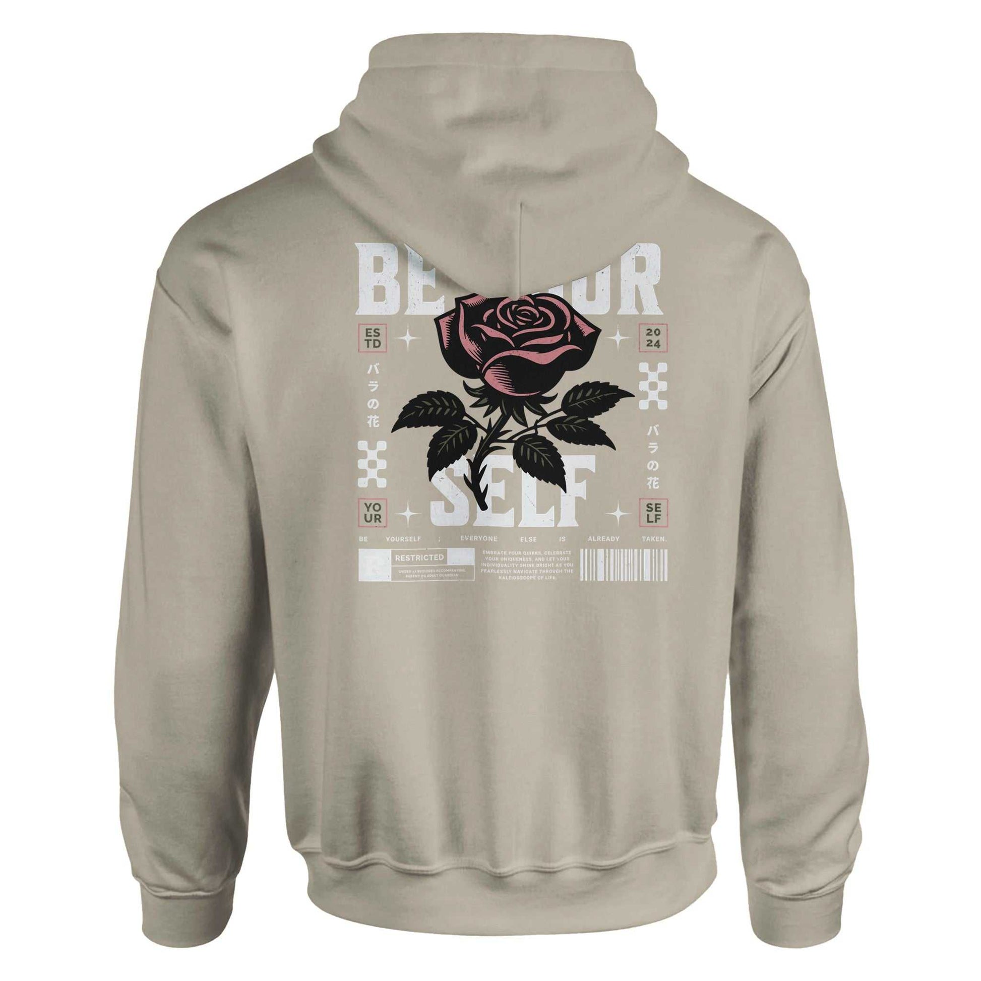 Unisex hoodie with "Be Yourself" graphic and rose design on back in beige color