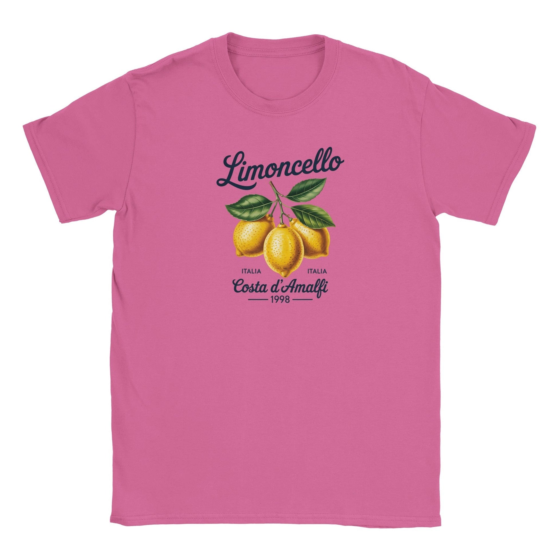 Limoncello Italien T-Shirt in pink with lemon graphic and Costa d'Amalfi text, soft seamless summer tee