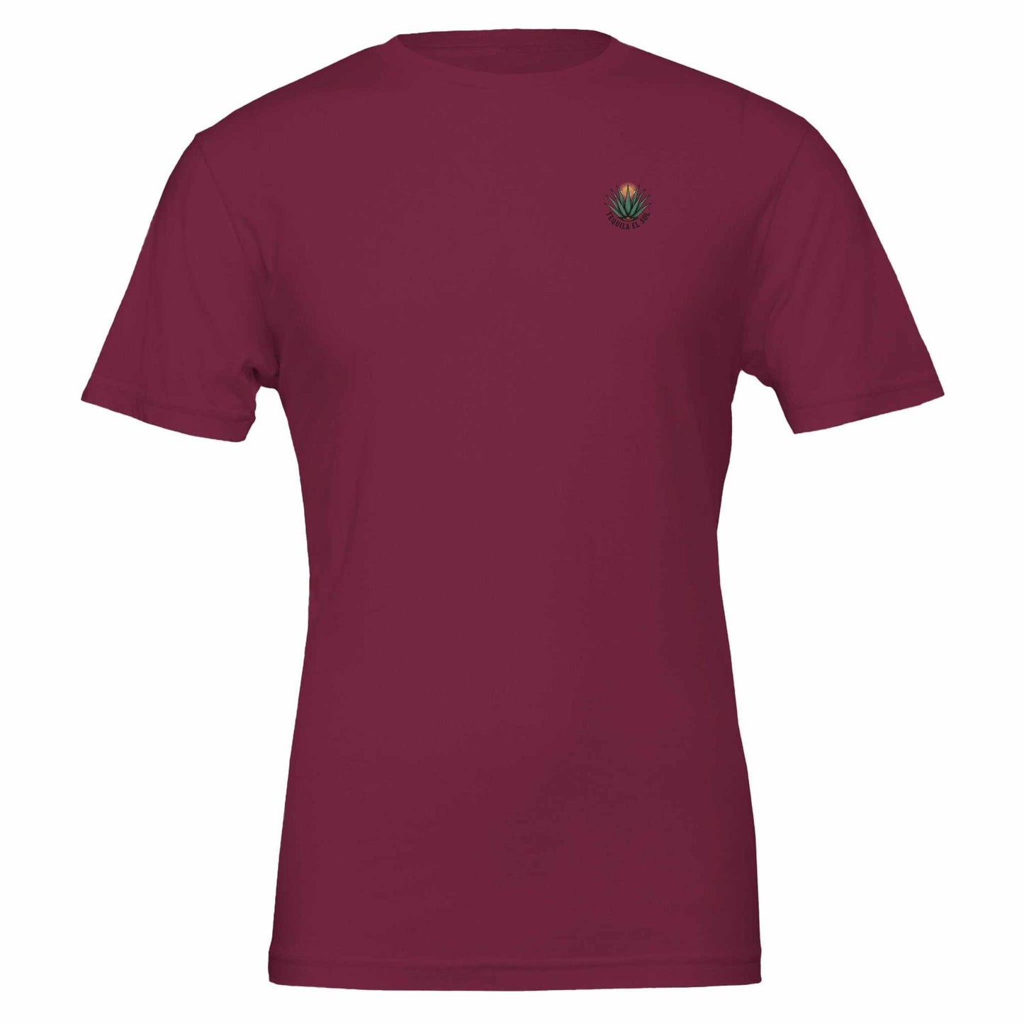 unisex tequila sommer t-shirt in burgundy with small agave plant logo, soft durable cotton, eco-friendly design