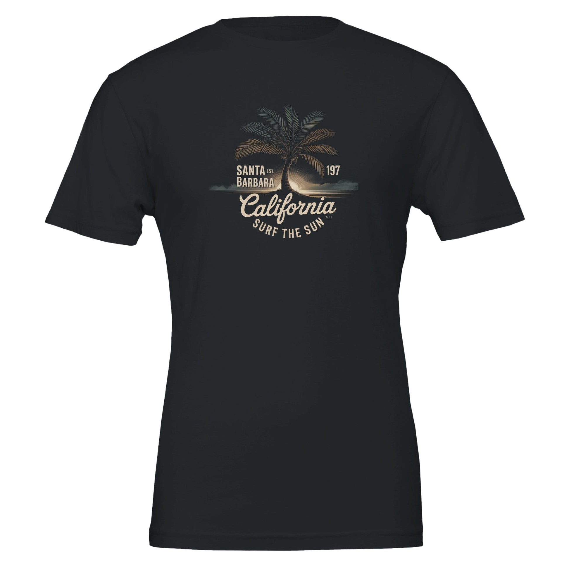 Surfer T-Shirt Sommer black with California palm tree design, soft eco-friendly cotton, unisex fit