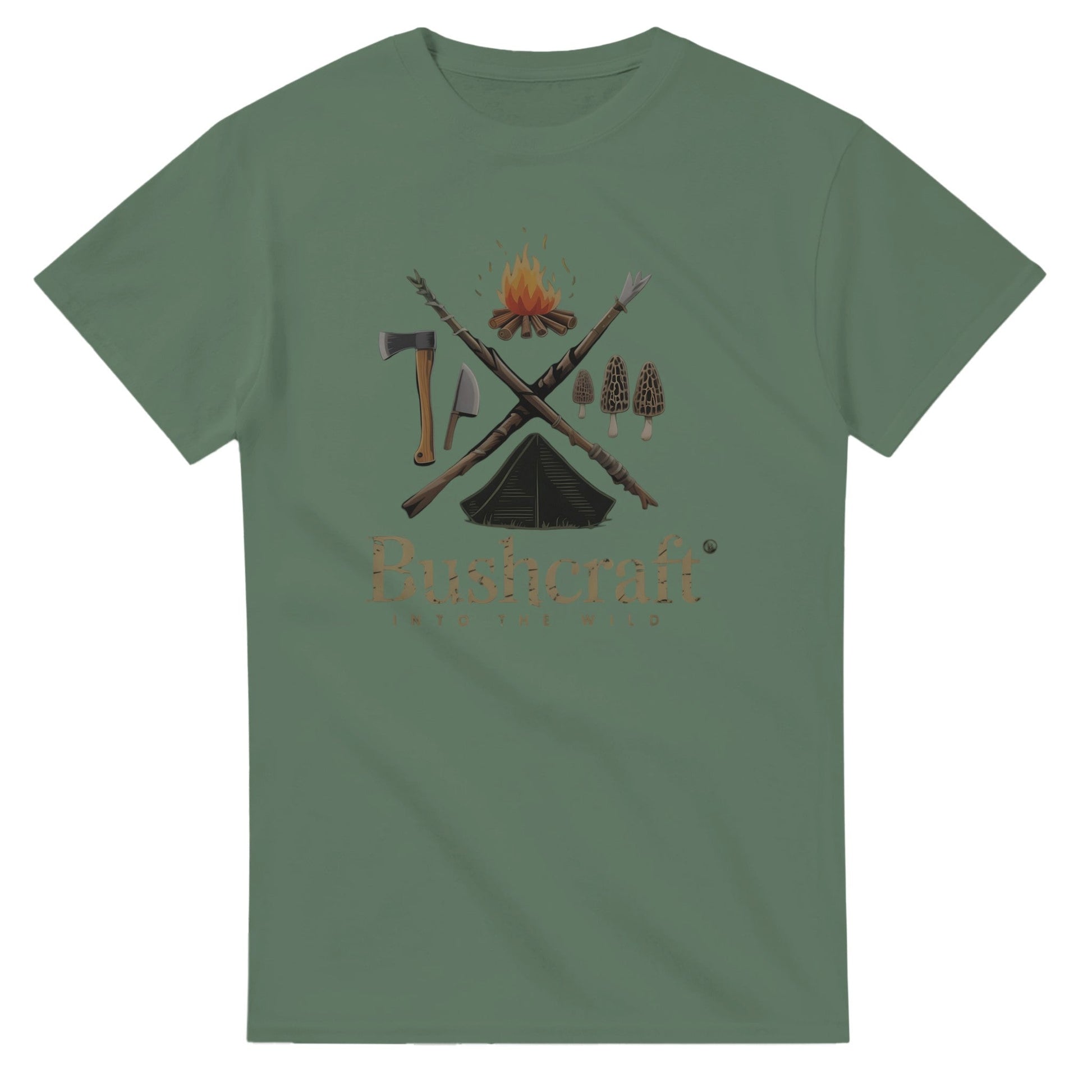 Green Bushcraft T-Shirt with outdoor adventure print featuring axe, campfire, tent and mushrooms on front, made of 100% cotton
