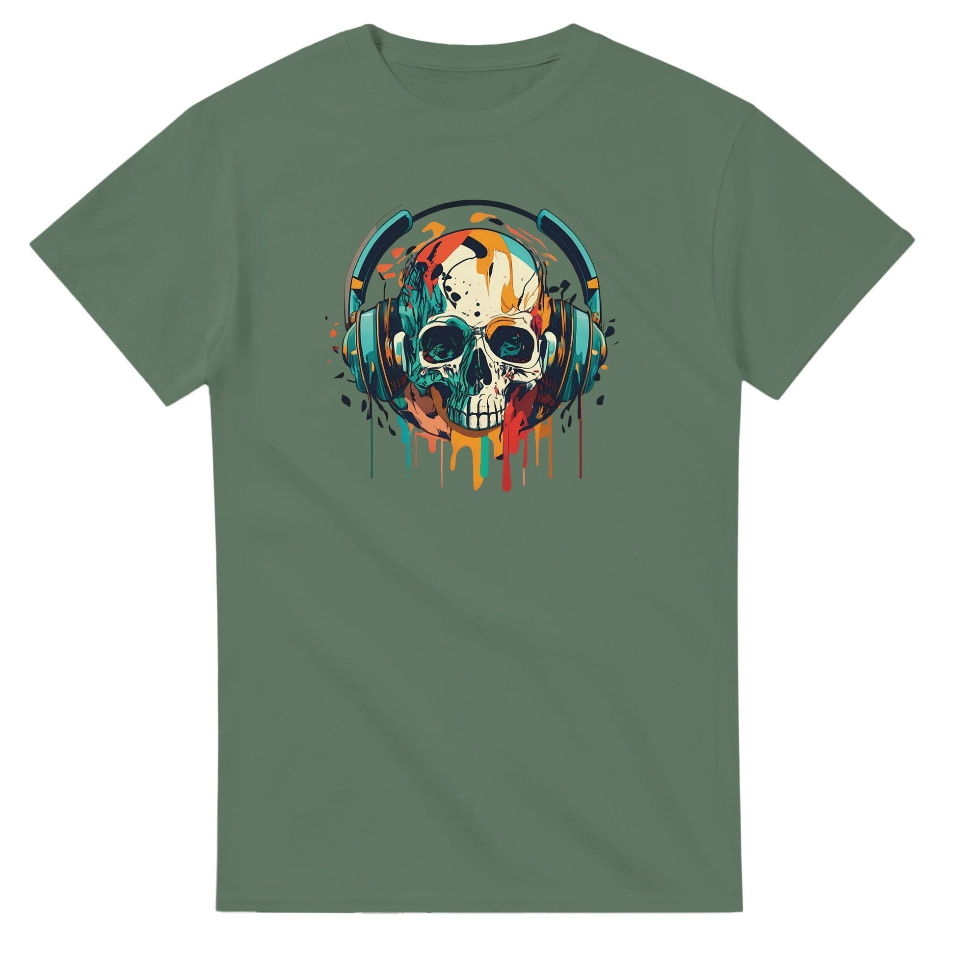 Party Sommer Musik T-Shirt mit Totenkopf und Kopfhörern, 100% Baumwolle, klassische Passform, olivgrün