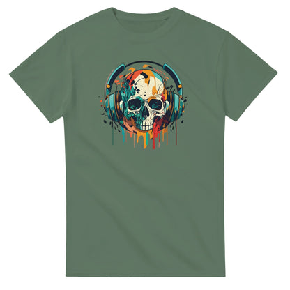 Party Sommer Musik T-Shirt aus 100% Baumwolle mit farbigem Totenkopf- und Kopfhörer-Design, langlebig und bequem.