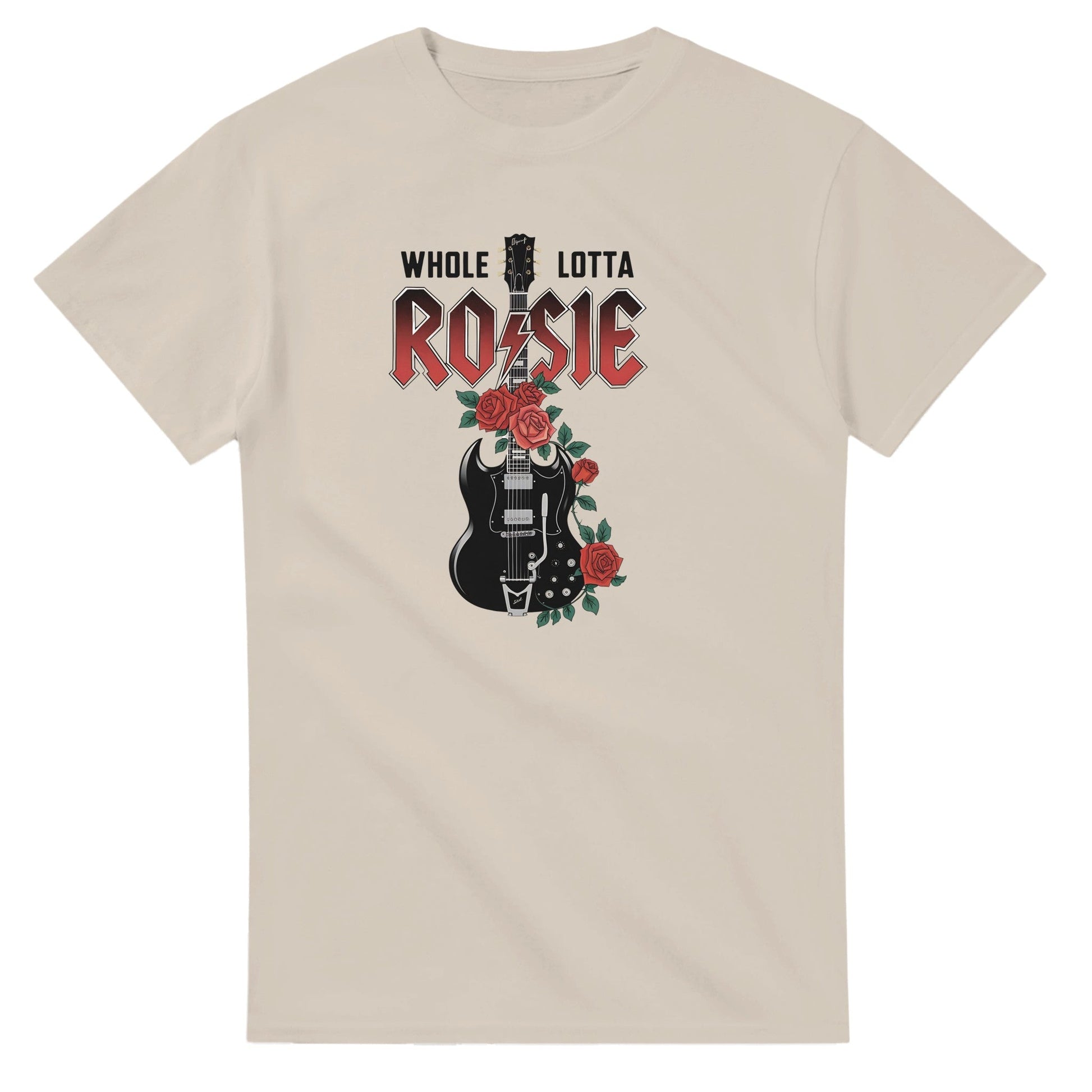 AC DC T-Shirt with Rosie guitar and rose design on heavyweight cotton in classic fit