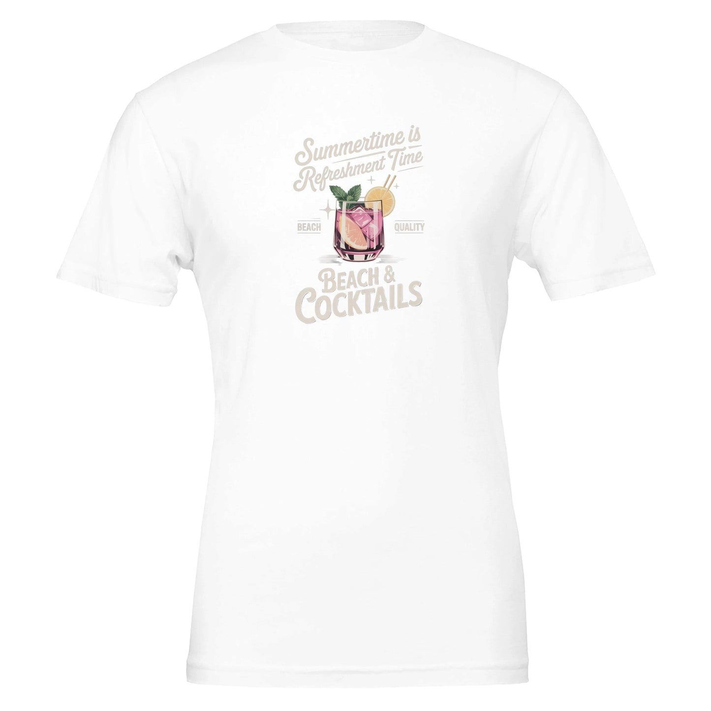 weißes premium sommer cocktail t-shirt aus weicher, nachhaltiger baumwolle mit sommerlichem cocktail-motiv und unisex-passform