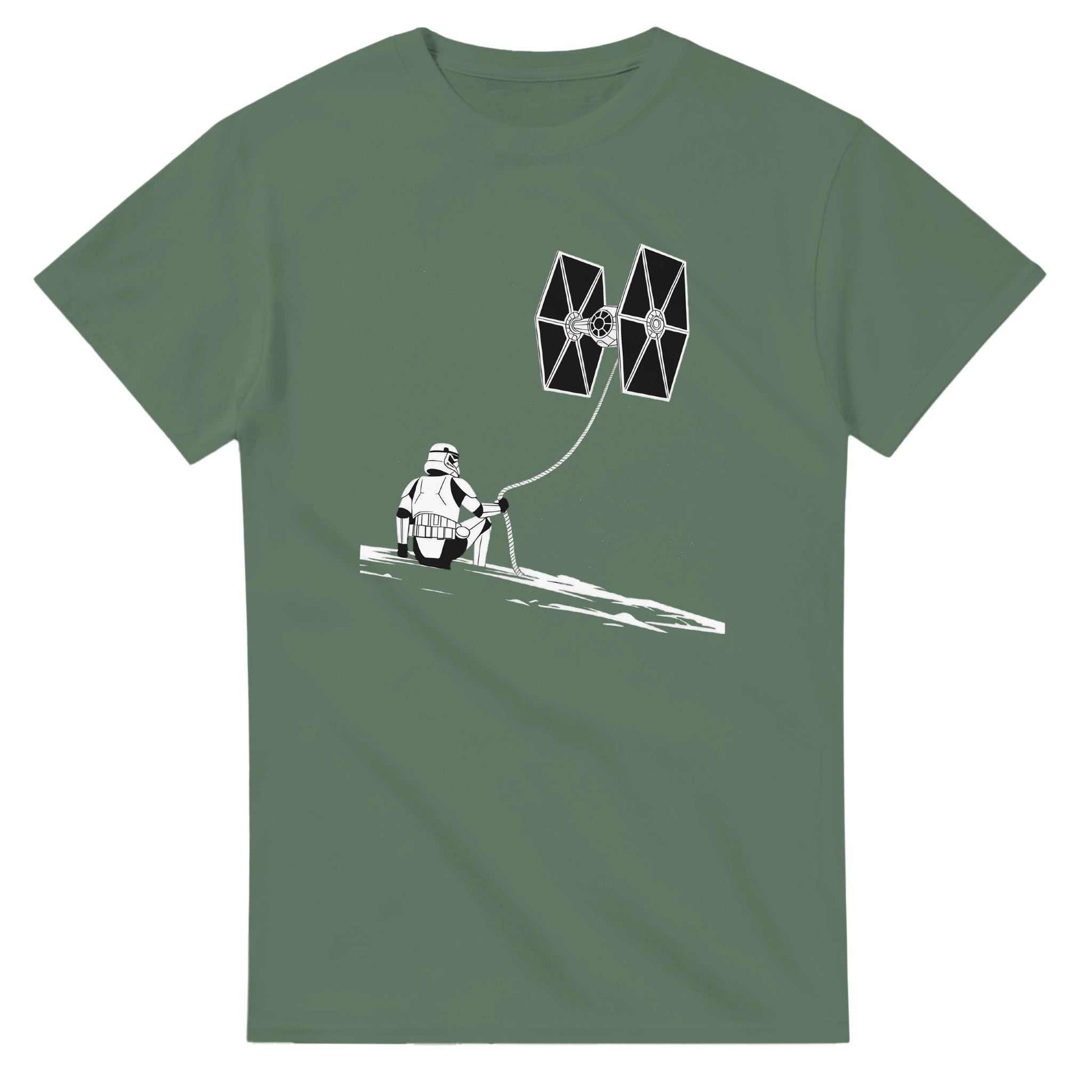 Star Wars Fan T-Shirt in olive green with stormtrooper and TIE fighter kite design, heavy cotton, classic fit for gamers and fans
