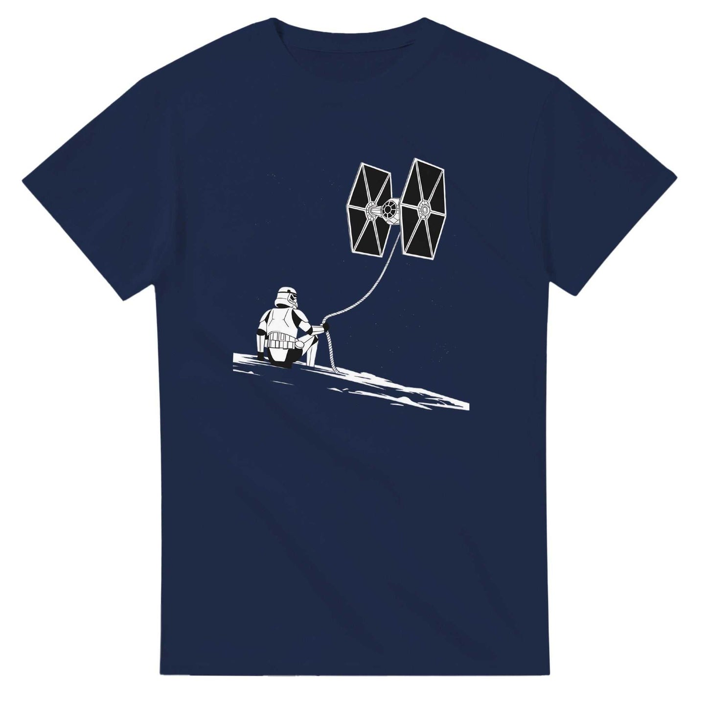 navy blue star wars fan t-shirt with stormtrooper flying a tie fighter kite, heavy cotton, classic fit