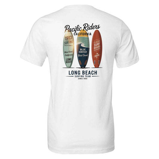 Premium Surfer T-Shirt mit weichem Stoff und Surfboard-Print auf weißem Hintergrund für Sommer und Strandpartys