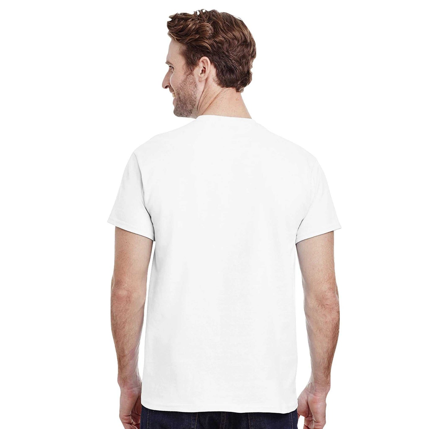 back view of a man wearing a white koi asian style unisex heavyweight cotton crewneck t-shirt with classic fit