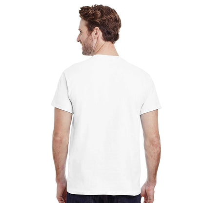 Back view of a man wearing a white Koi Asian Style unisex heavyweight cotton crewneck t-shirt with classic fit