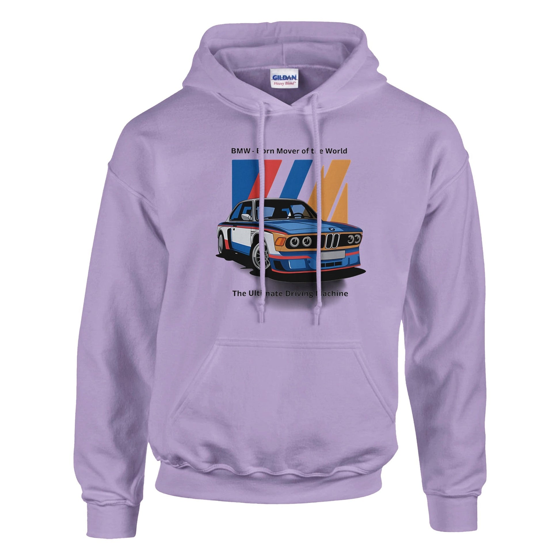 Born to Race Unisex Hoodie in lavender with vintage BMW car graphic and multicolor racing stripes, made of soft cotton-polyester blend with front pouch pocket and adjustable hood.