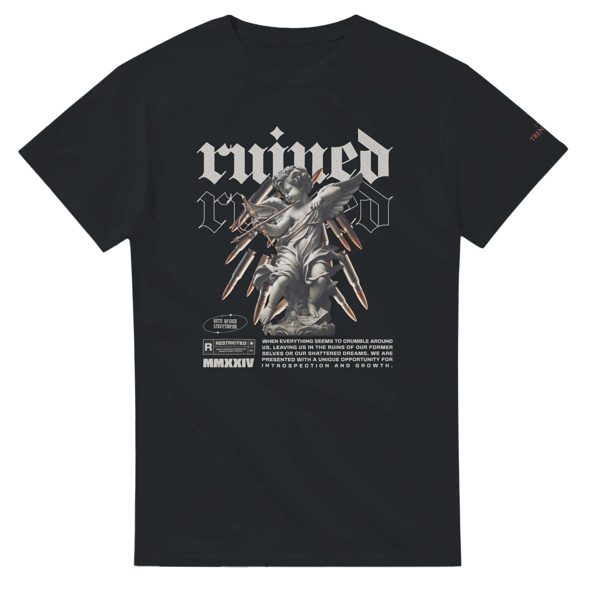 Ruined Streetwaer Unisex Crewneck T-shirt black cotton with angel graphic and text design