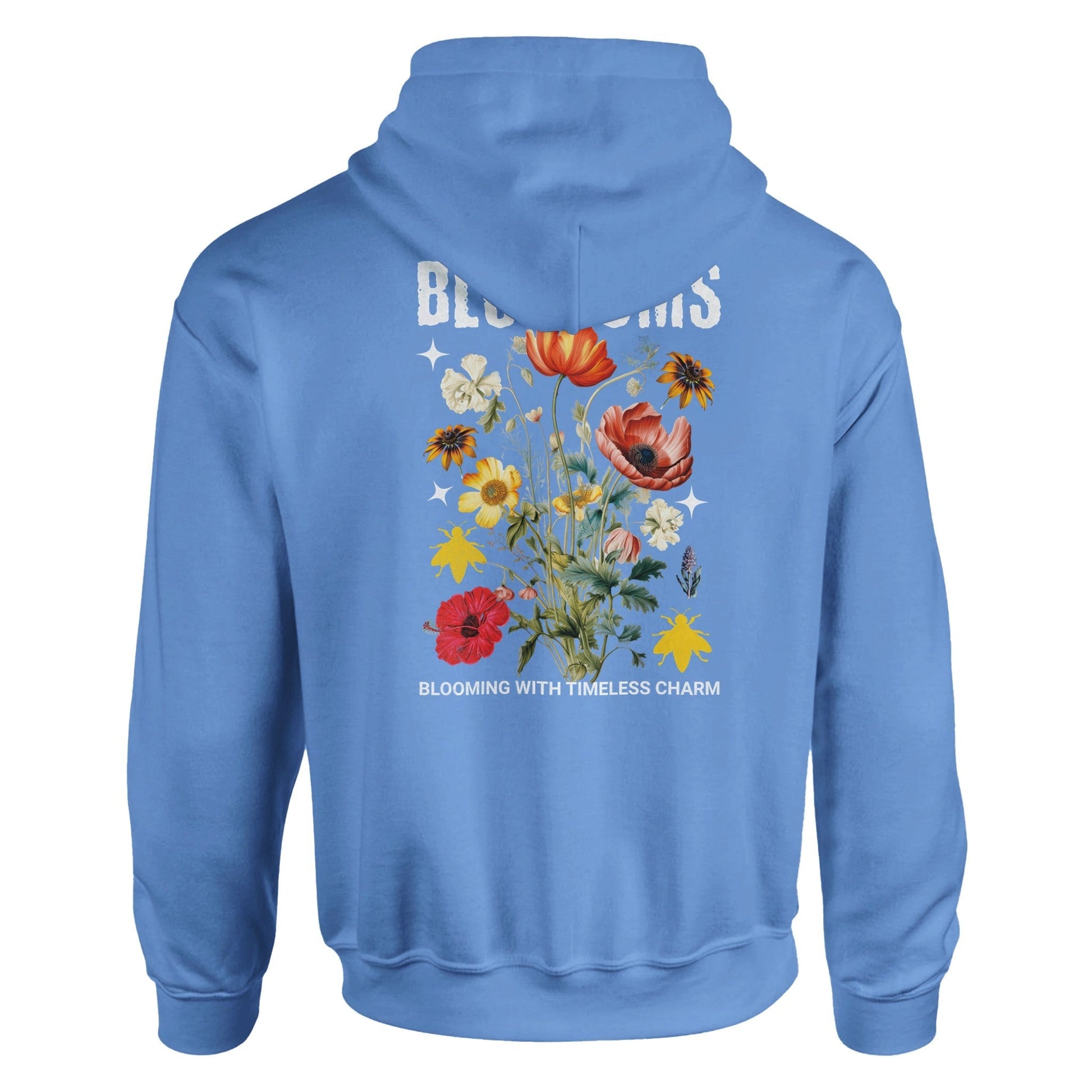 Blossom Streatware Unisex pullover hoodie with floral back design in blue, soft cotton-polyester blend, double-lined hood, front pouch pocket, rib knit cuffs and waistband