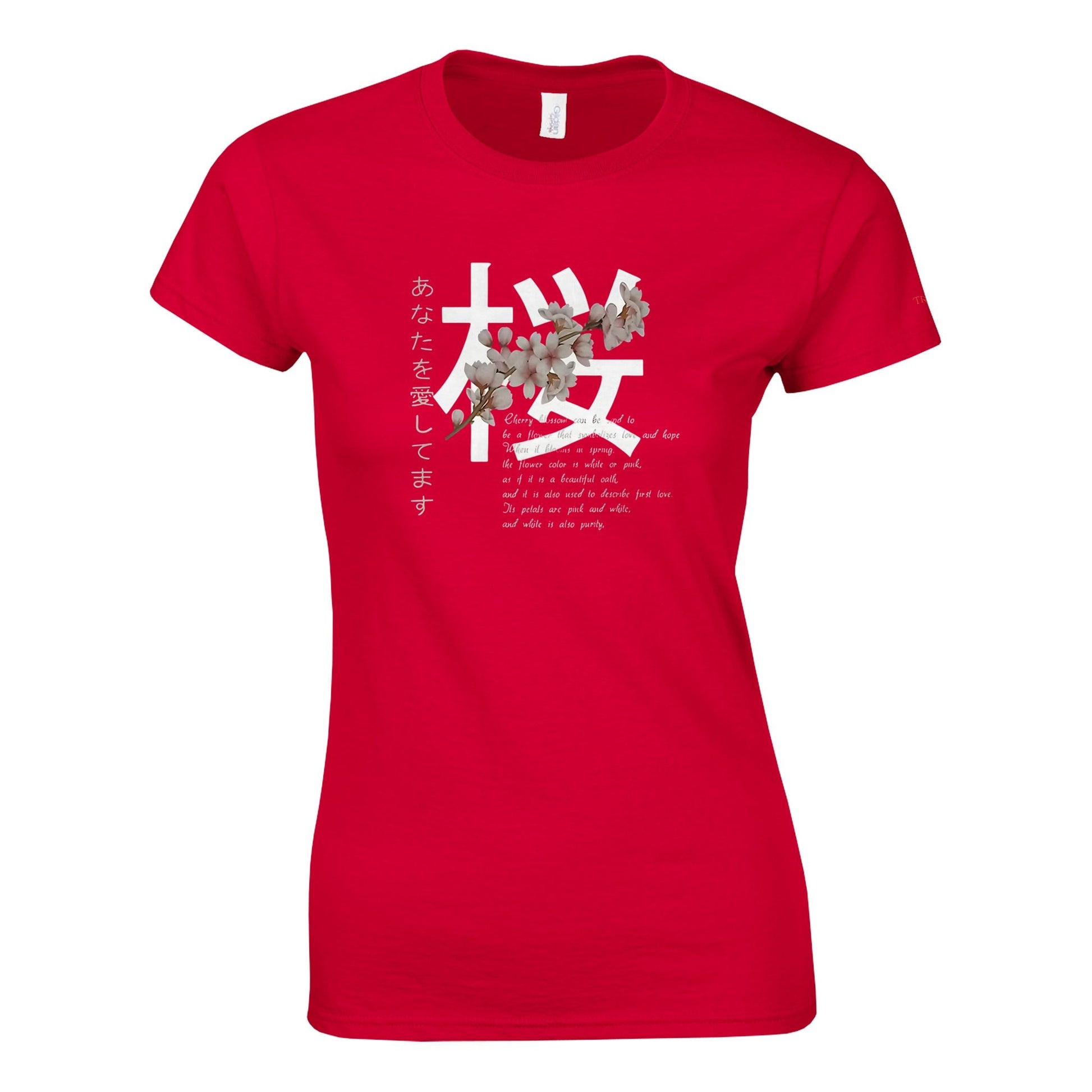 Kirschblüten Träume Damen-Crewneck T-Shirt in Rot mit Kirschblütenmotiv und japanischen Schriftzeichen, aus weicher Baumwolle, bequem und stilvoll.