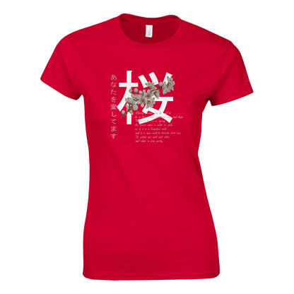 Damen T-Shirt Kirschblüten Träume rot mit Kirschblütenmotiv und weißem Schriftprint aus weicher Baumwolle