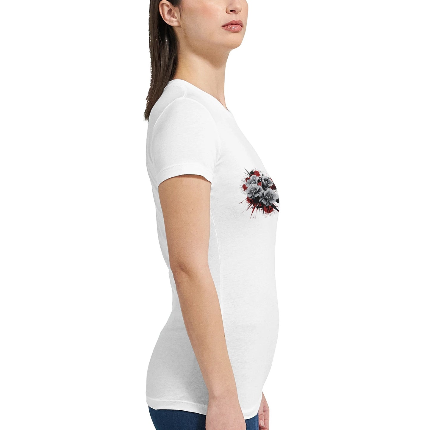 damen blütenzauber premium t-shirt aus atmungsaktiver baumwolle mit floralem muster und figurbetonter passform