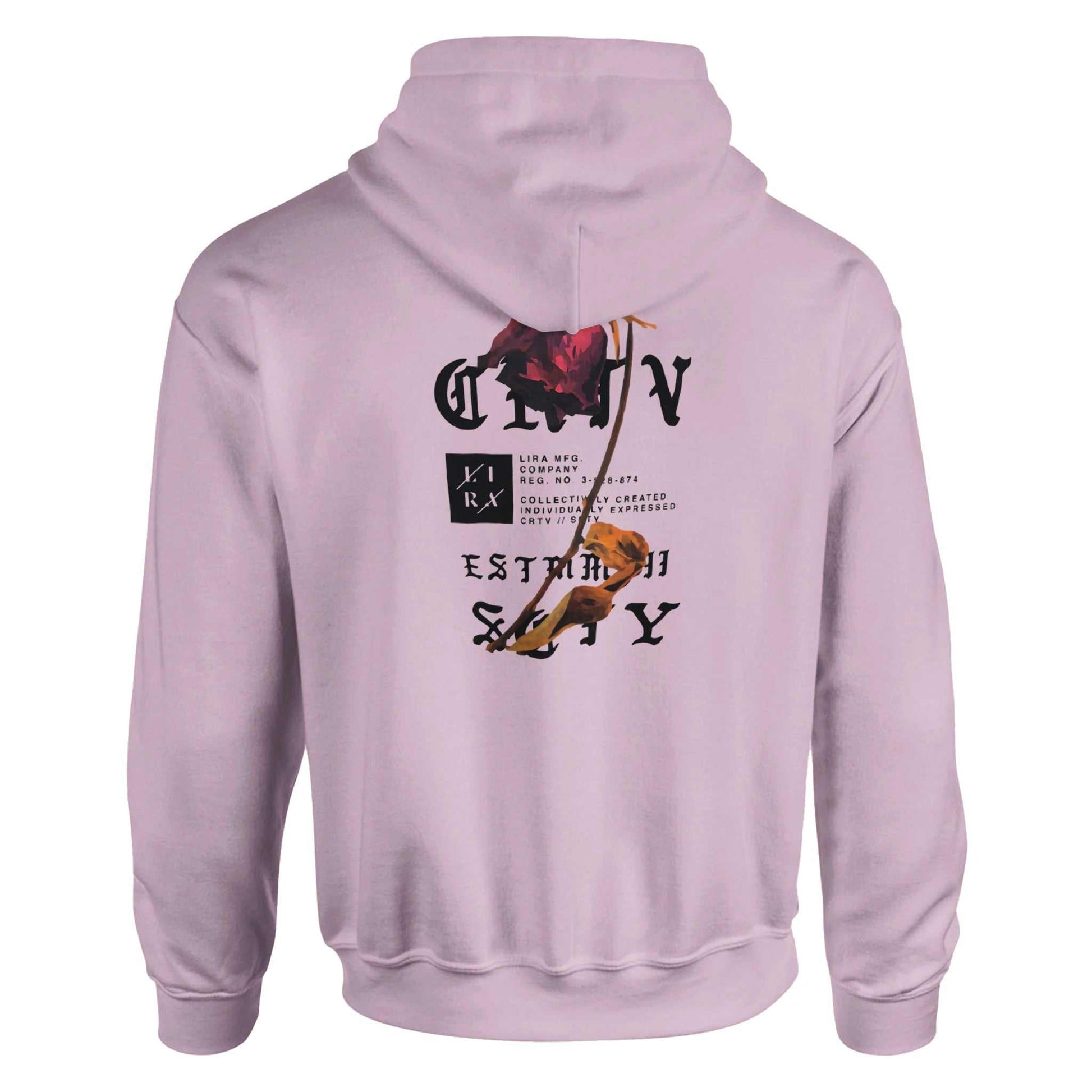 Lira Streetwear Hoodie in light pink with graphic print on back, unisex casual cotton-polyester blend hoodie with double-lined hood and front pouch pocket