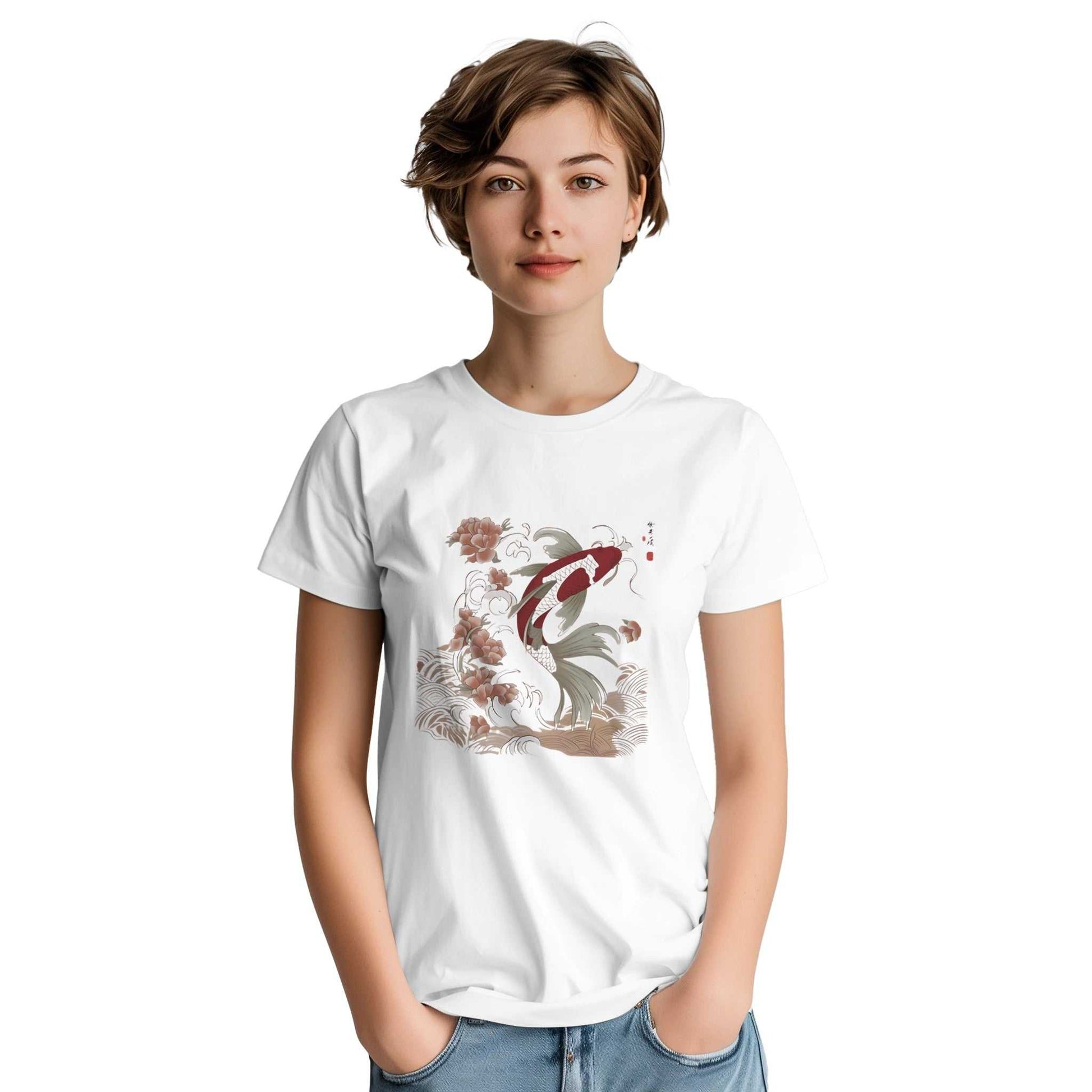 Woman wearing white Koi Asian Style unisex crewneck cotton t-shirt with koi fish graphic design