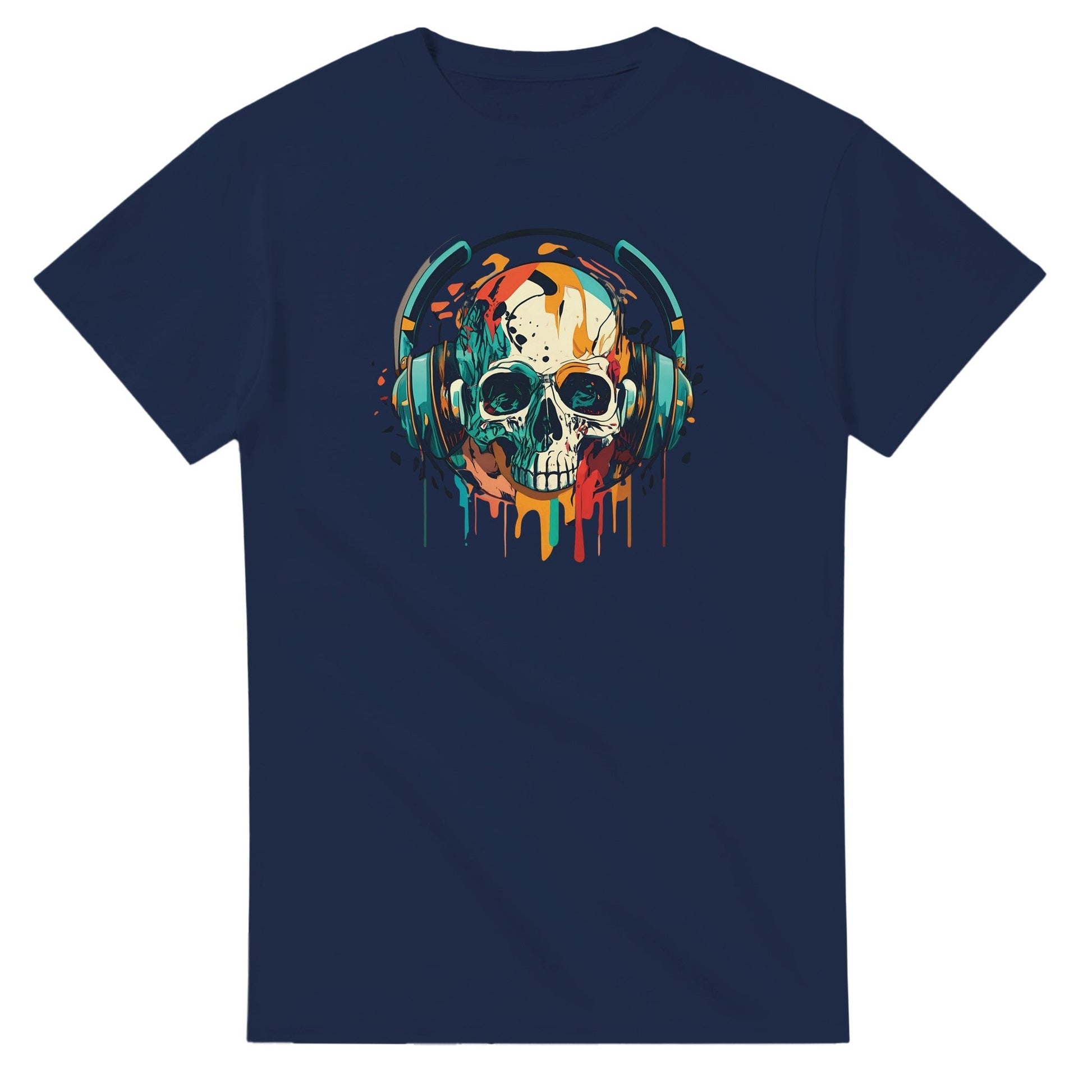 Party Sommer Musik T-Shirt mit farbigem Totenkopf und Kopfhörern, navy, 100% Baumwolle, klassische Passform