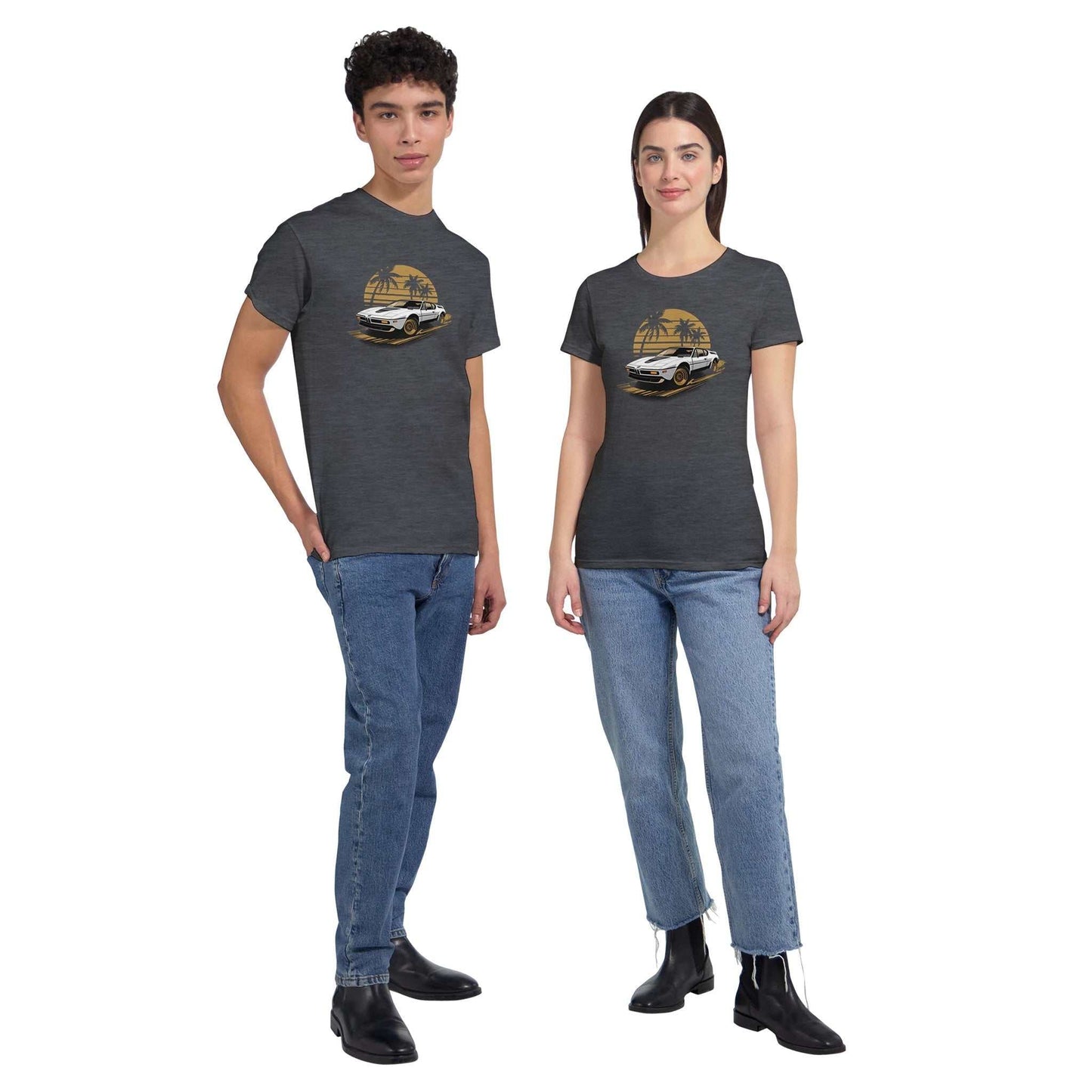 premium unisex summer car t-shirt in charcoal gray with vintage car graphic, modeled by male and female wearing casual jeans and black shoes.