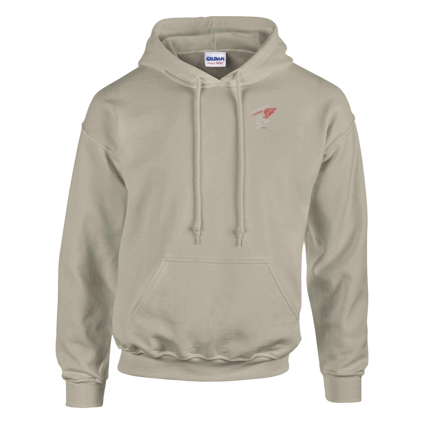 men's beige rocker biker hoodie with double-lined hood, soft cotton-polyester blend, front pocket, and ribbed cuffs and waistband.