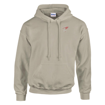 Men's beige Rocker Biker Hoodie with double-lined hood, soft cotton-polyester blend, front pocket, and ribbed cuffs and waistband.