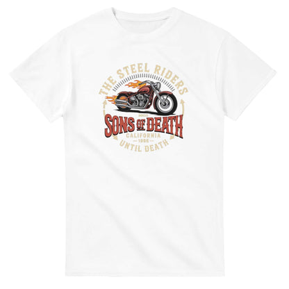 Weißes Biker T-Shirt mit Motorrad-Print und klassischer Passform aus schwerer Baumwolle