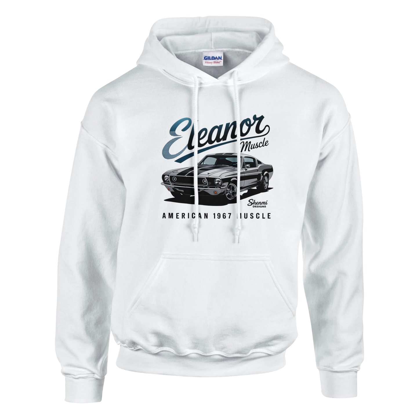 white eleanor hoodie with classic 1967 muscle car graphic for men and women fans