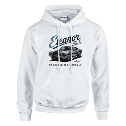 White Eleanor Hoodie with classic 1967 muscle car graphic for men and women fans