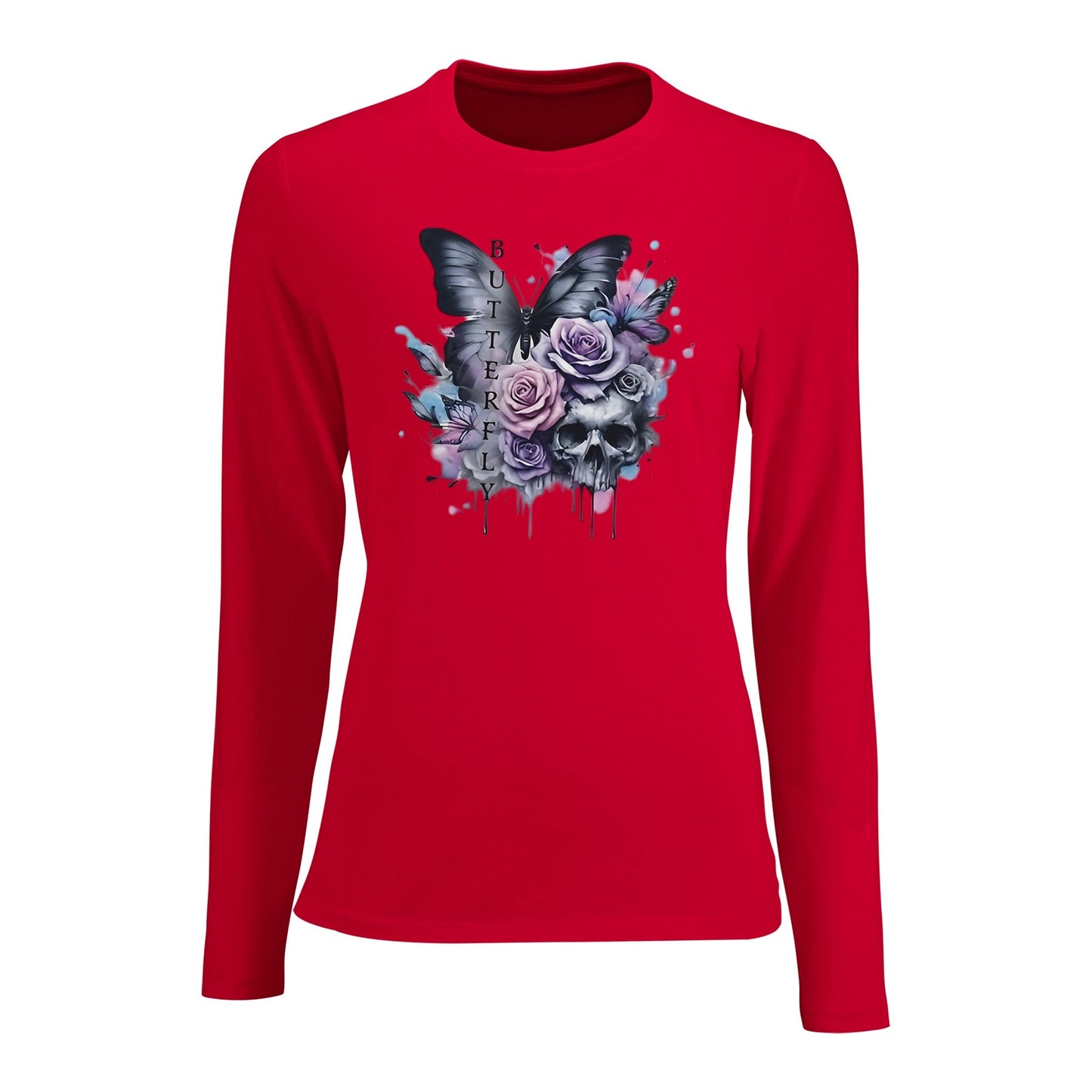 damen long sleeve fitted t-shirt in rot mit schmetterlings- und totenkopf-motiv, eng anliegend und aus premium-material.