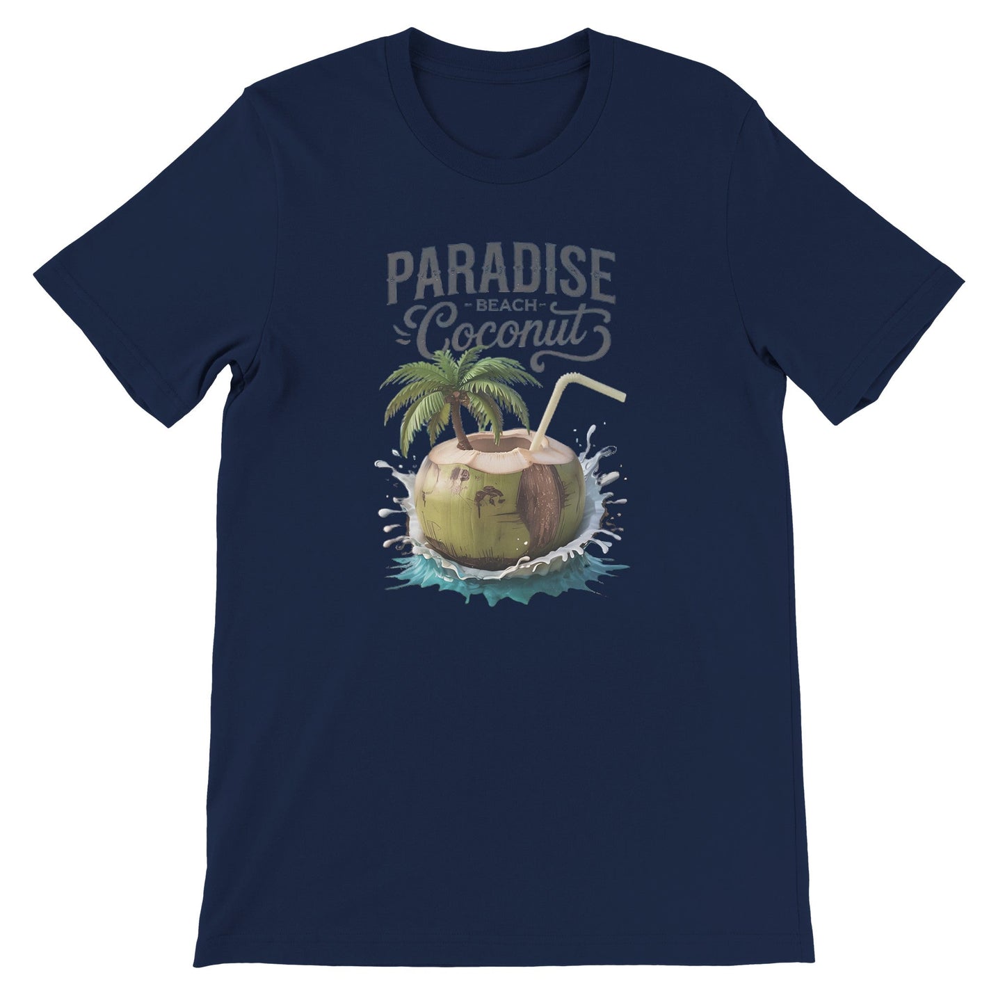 navy blaues sommer t-shirt mit kokosnuss-strand-print und "paradise beach coconut" schriftzug, leicht und atmungsaktiv.
